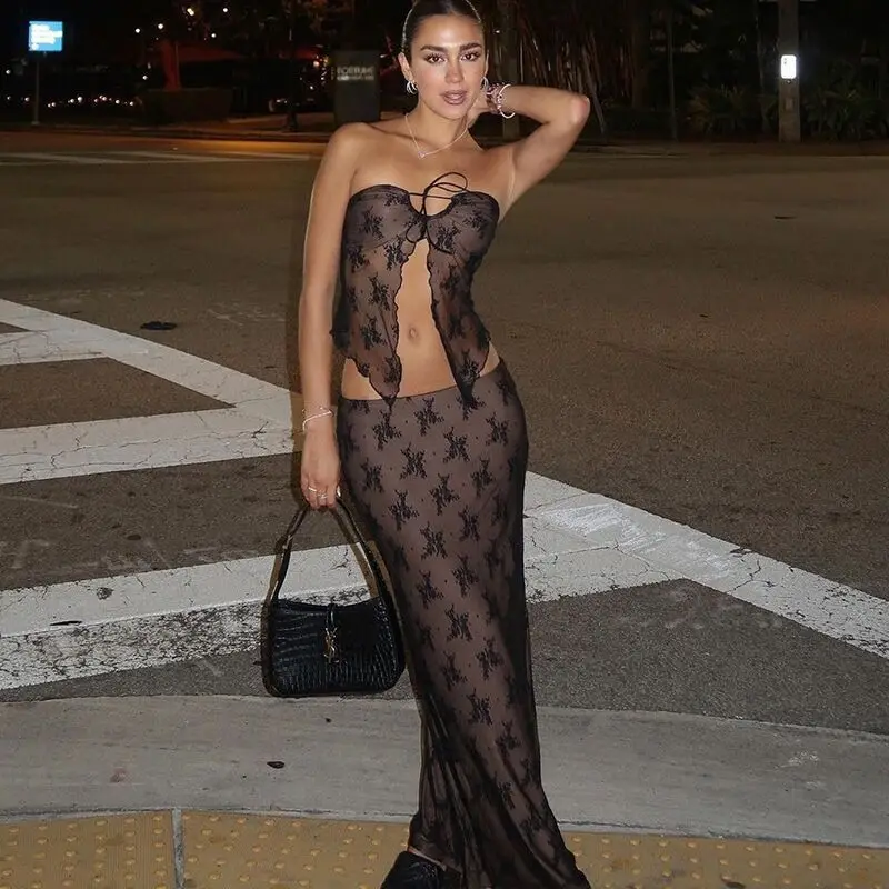 European and American Women's Clothing New Lace Skirt Splicing Chest Wrap Slim Suit Long Skirt