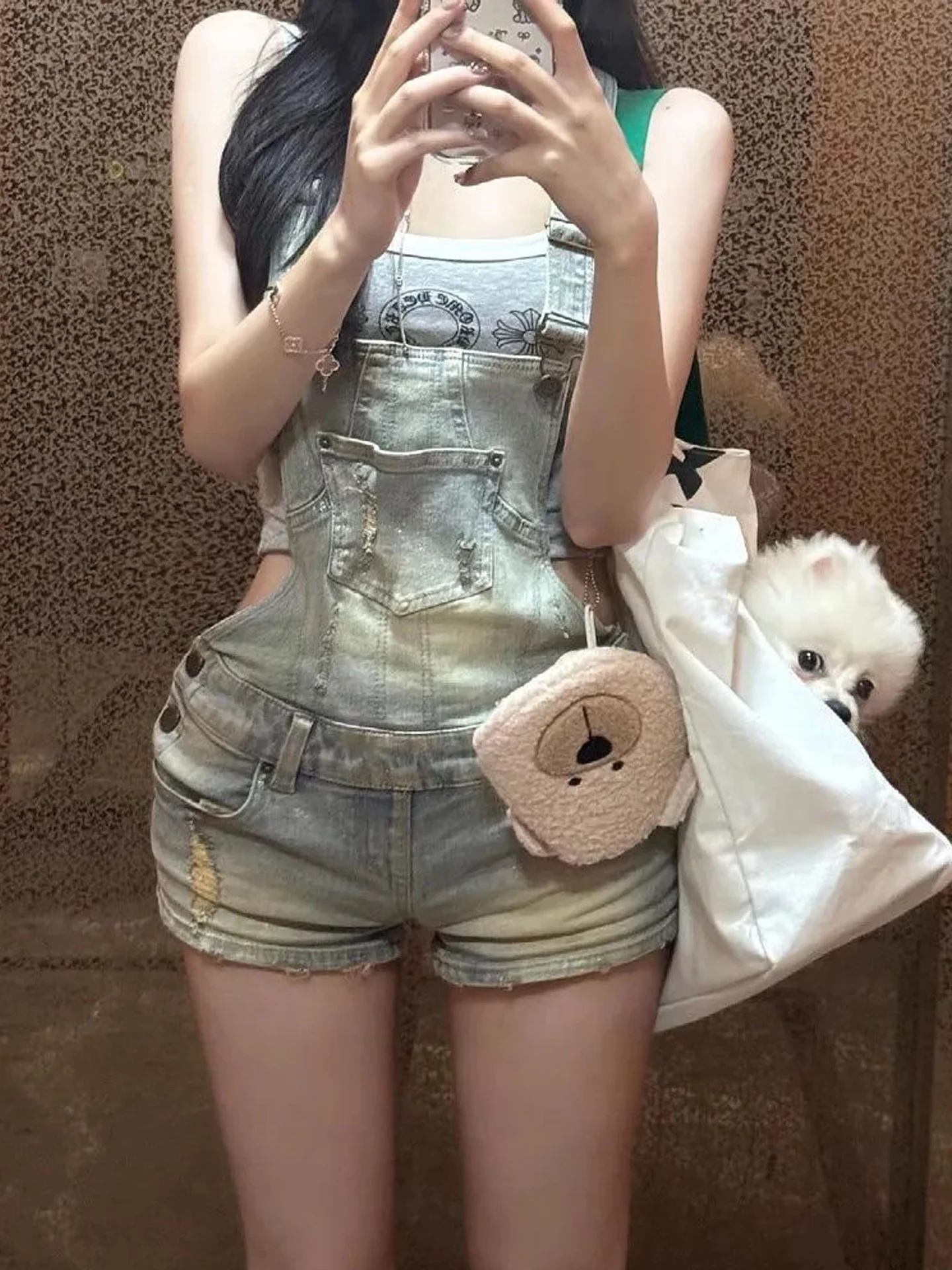 

Retro American Washed Faded Leather Denim Shorts Women's Summer New Spicy Tight Butt Shorts High Waist Wide Leg Pants