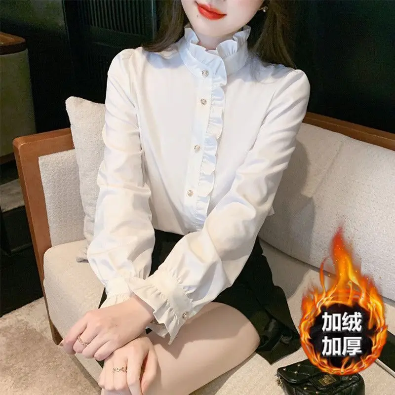 French Court Style Lotus Leaf Edge Standing Collar Shirt for Women New White Interior Shirt High-end and Chic Top