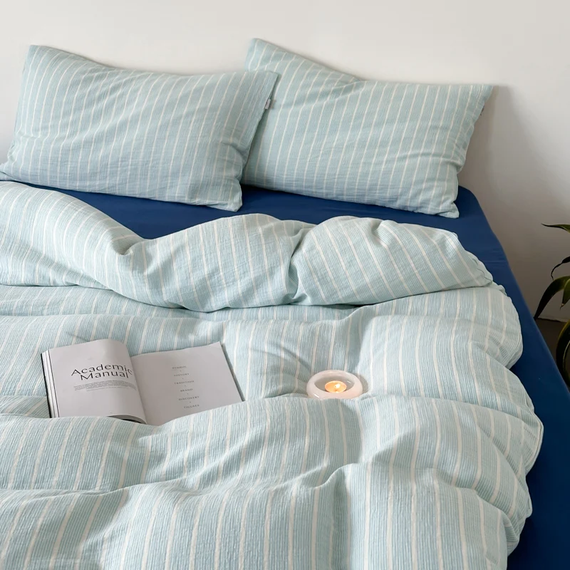 

Soft Bedding Set 100% cotton Blue Stripe Duvet Cover with Pillow Case Bedclothes Bedspread Fitted sheet Comforter Sets