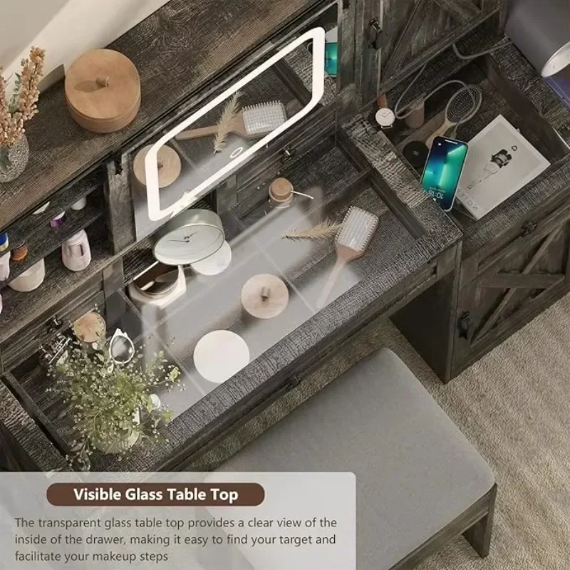 [XMSJ]Black Vanity Desk with Mirror and Lights, LED Vanity with Power Outlet  Makeup Desk with 2 Drawers