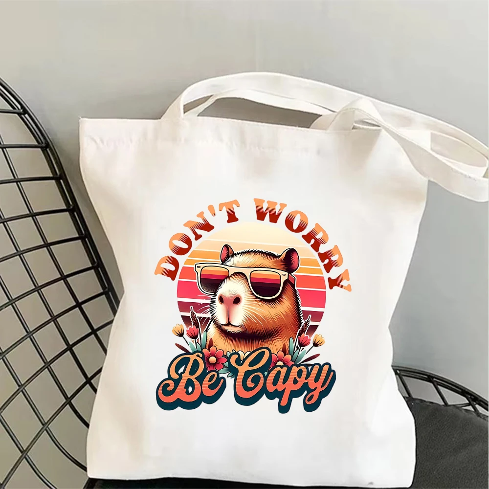 Cute Capybara Canvas Tote Bag Don't Worry Be Capy Eco Friendly Reusable Shopping Shoulder Bags Large Handbag for Women