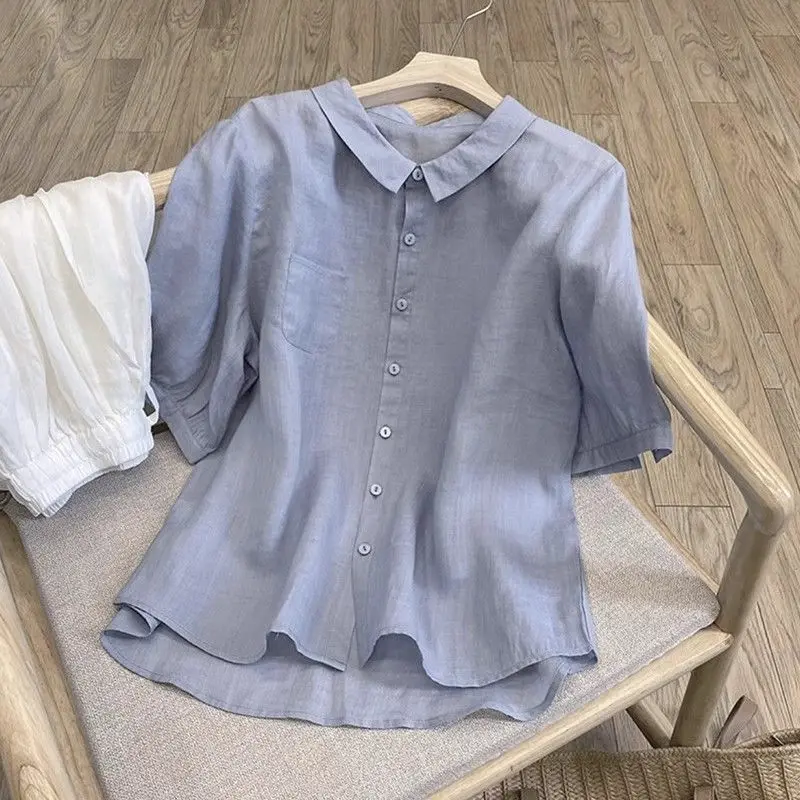 

Summer New Women's plus Size Cotton Linen Short Sleeve Shirt Lightweight Doll Top Breathable Comfortable Loose Fit Button Design