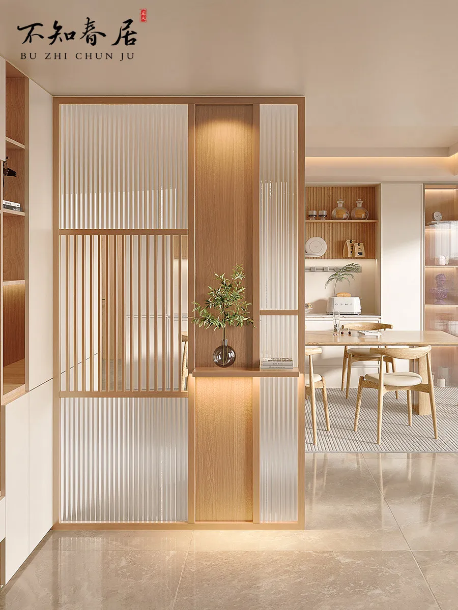 Glass screen partition, living room entrance is opposite the door, entrance, new Chinese solid wood through the hall, bathroom