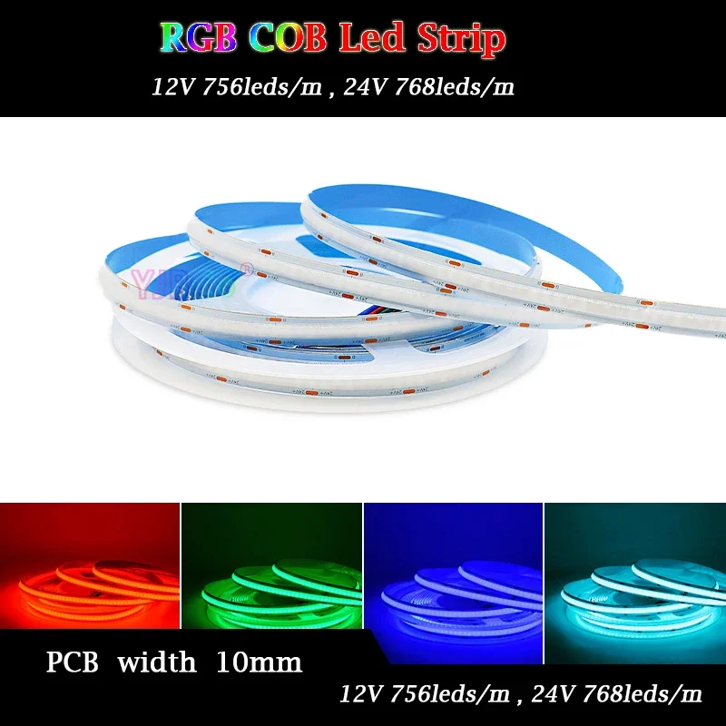 

12V 24V 5M RGB COB LED Strip 756/768 LEDs/m atmosphere colorful Light bar high brightness Flexible Lights Tape 10mm White PCB