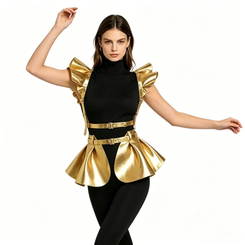 Damen PU-Leder Rüschenrock-Set Gold-Rotes Harness-Top Karneval Festival Halloween Party Clubwear Bühnen-Performance-Kostüm