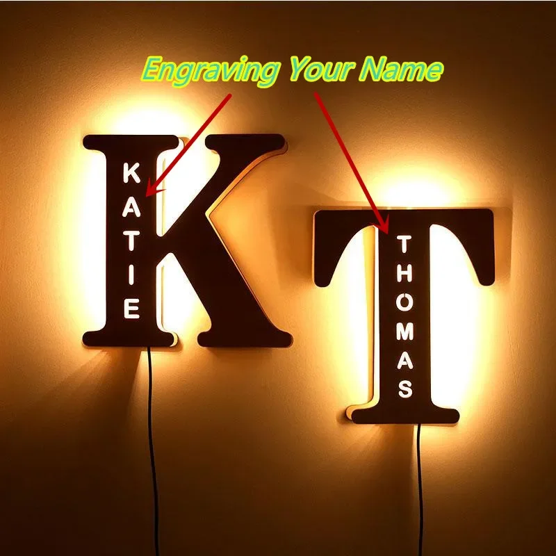 Custom Name LED Night Light Personalized 26 Letters Wall Decor Wooden Lamp for Family Couples Kids Bedroom