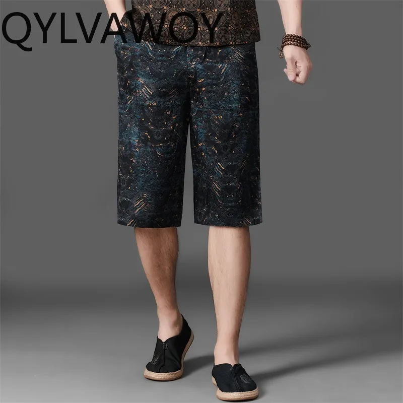 QYLVAWOY 100% Mulberry Silk Calf-length Man Pants Loose Pants for Man Trousers Floral Sweatpants Thin Short Masculino 남성 여름바지