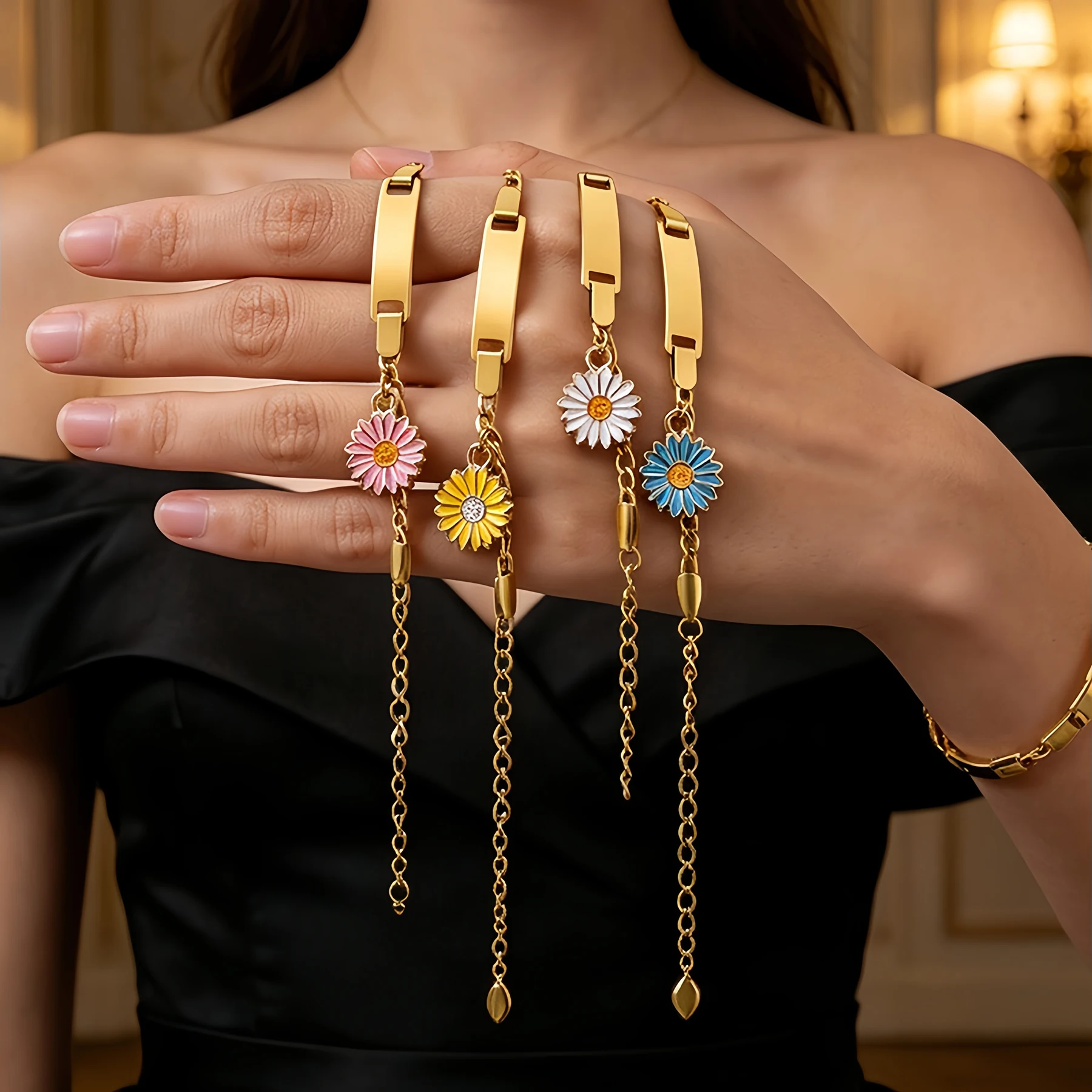 Custom Engraved Daisy Charm Gold-plate Bracelet Personalized Name Adjustable Wrist Jewelry for Women Children Commemorative Gift