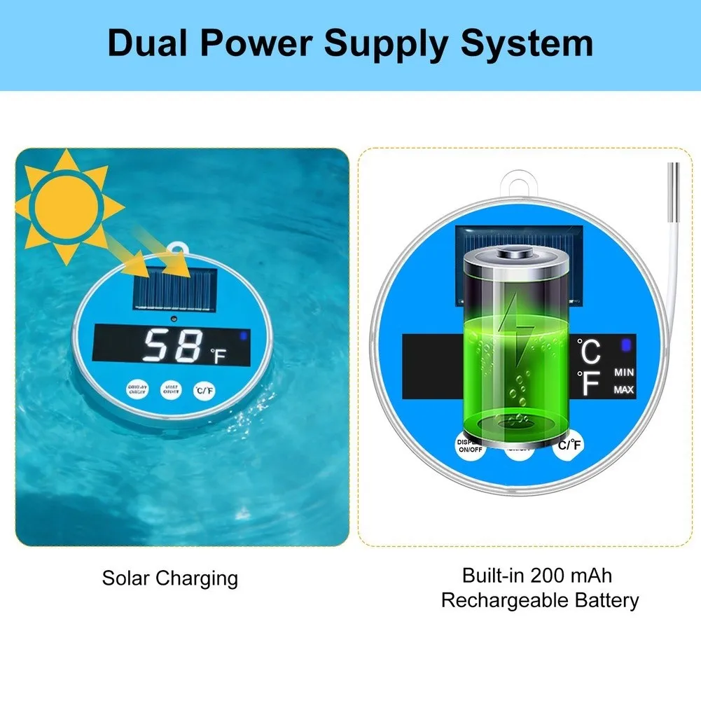 Solar Powered Floating Pool Thermometer With LED Lights And Digital Display For Swimming Ponds Hot Tubs Blue