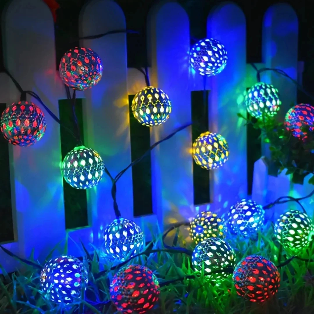 SCKDAY 50LED Solar Garden Lights 7M Moroccan Globe Metal Ball 8 Modes Outdoor Waterproof Fairy String Light Decor for Christmas