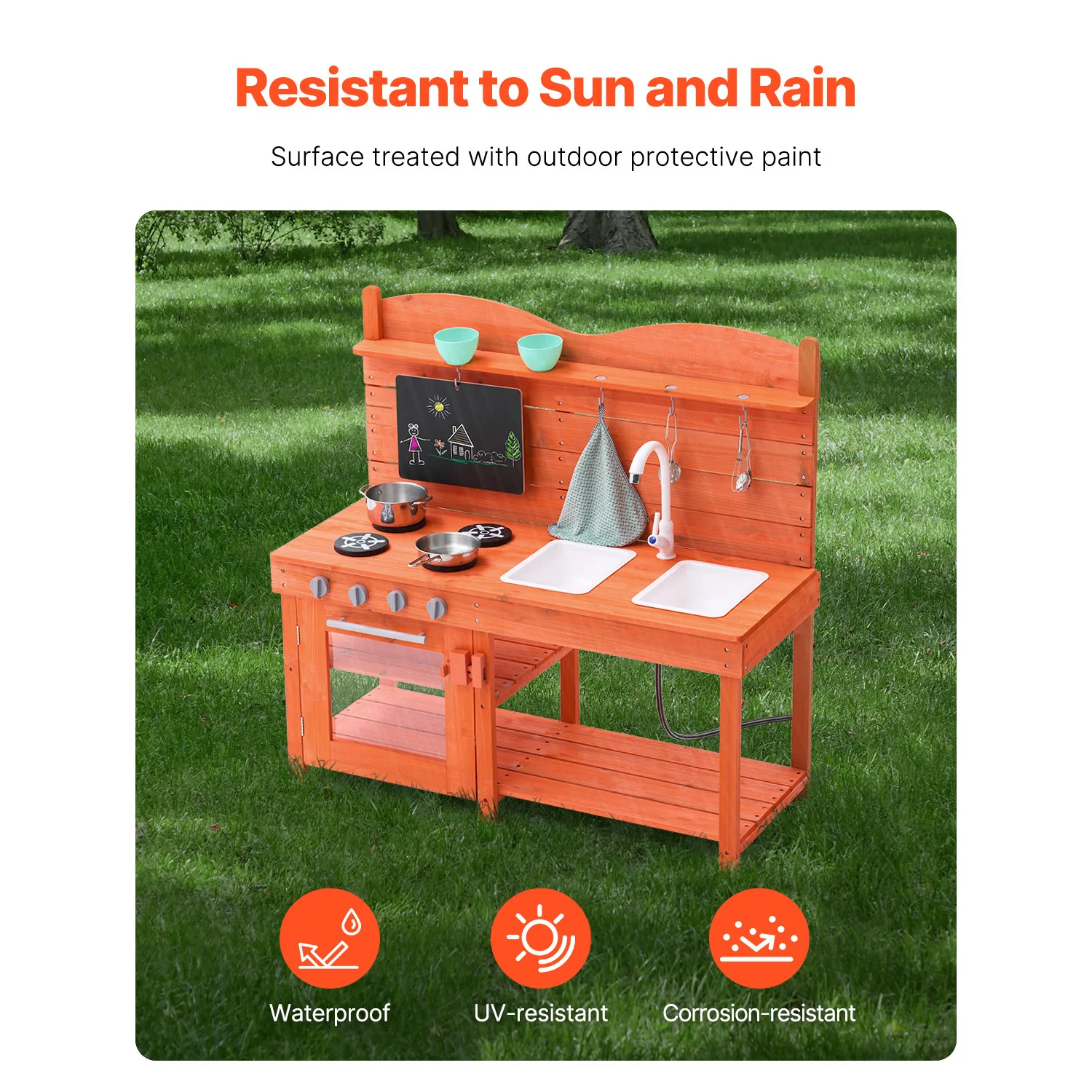 SucceBuy Wooden Mud Kitchen Playset with Stove Sink & Faucet Kids Pretend Play Kitchen Set for Children Girls Birthday Gifts