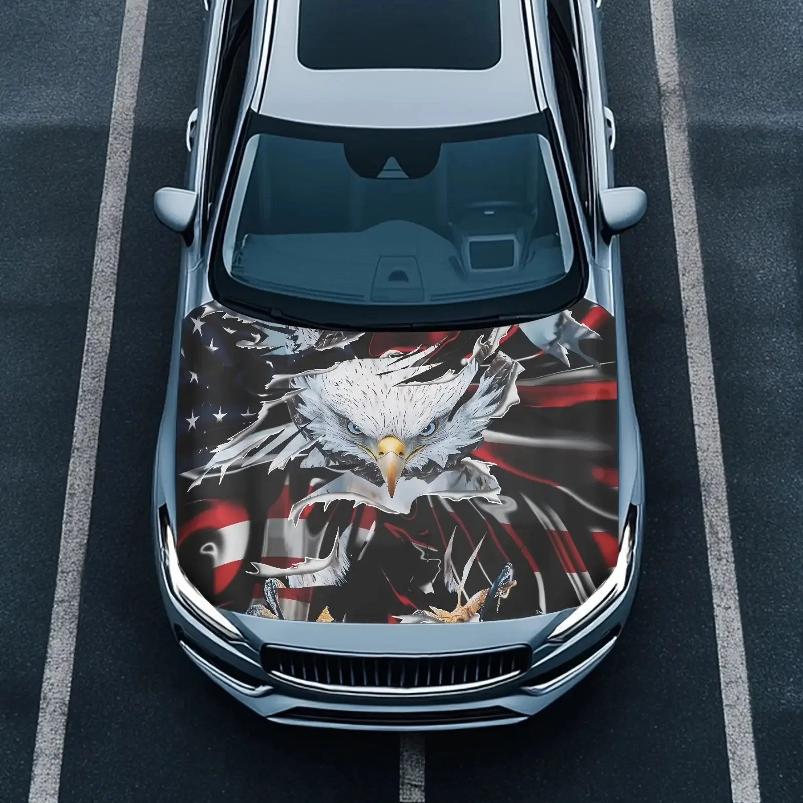 

Wild Eagle & American Flag Printed Car Hood Cover - Stretch Polyester Fabric, Non-Paste Front End Protection for Large Vehicles