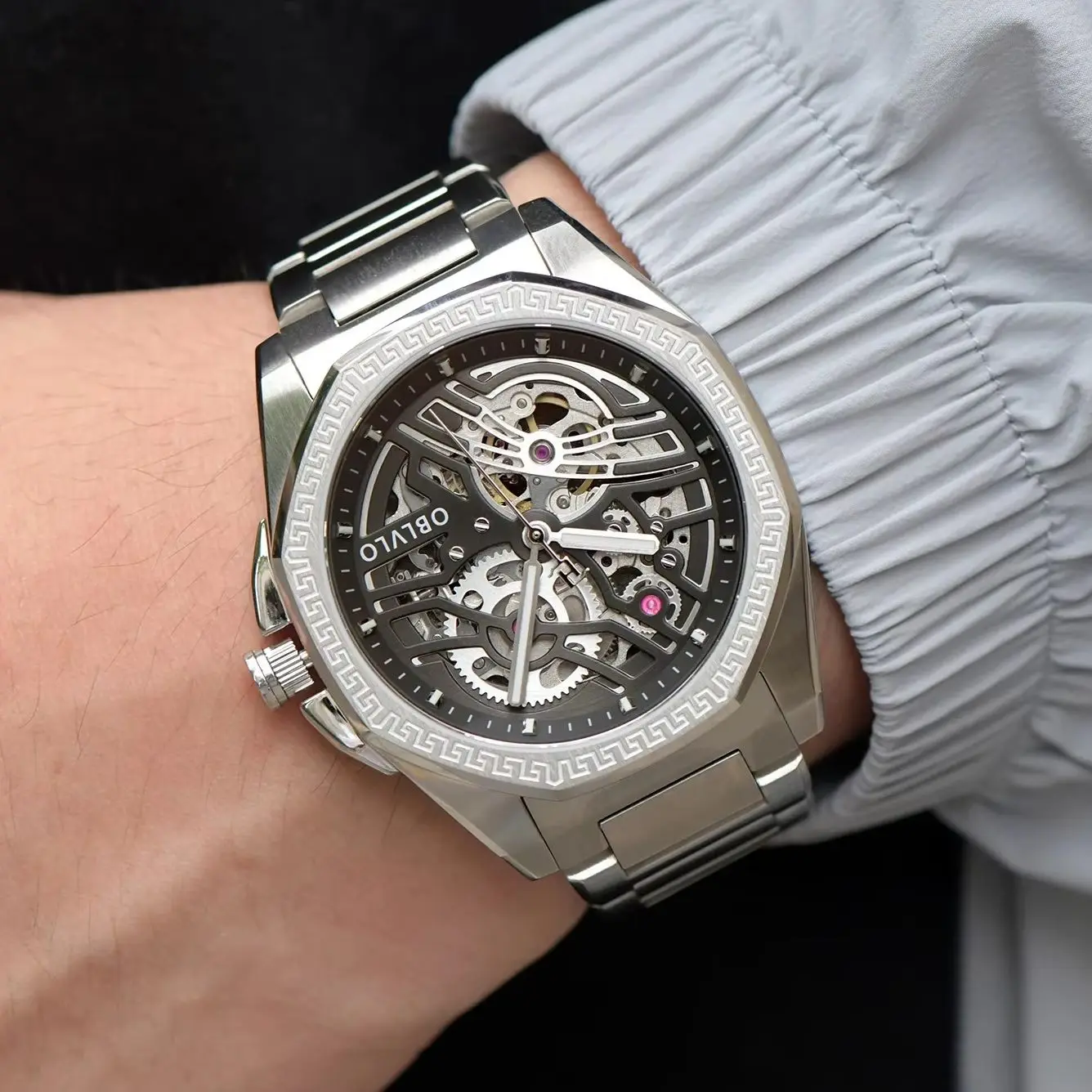 OBLVLO Men Automatic Watch 42mm Mechanical Wristwatch Luminous 50M Waterproof Sapphire Mirror Skeleton Dial Miyota 8215