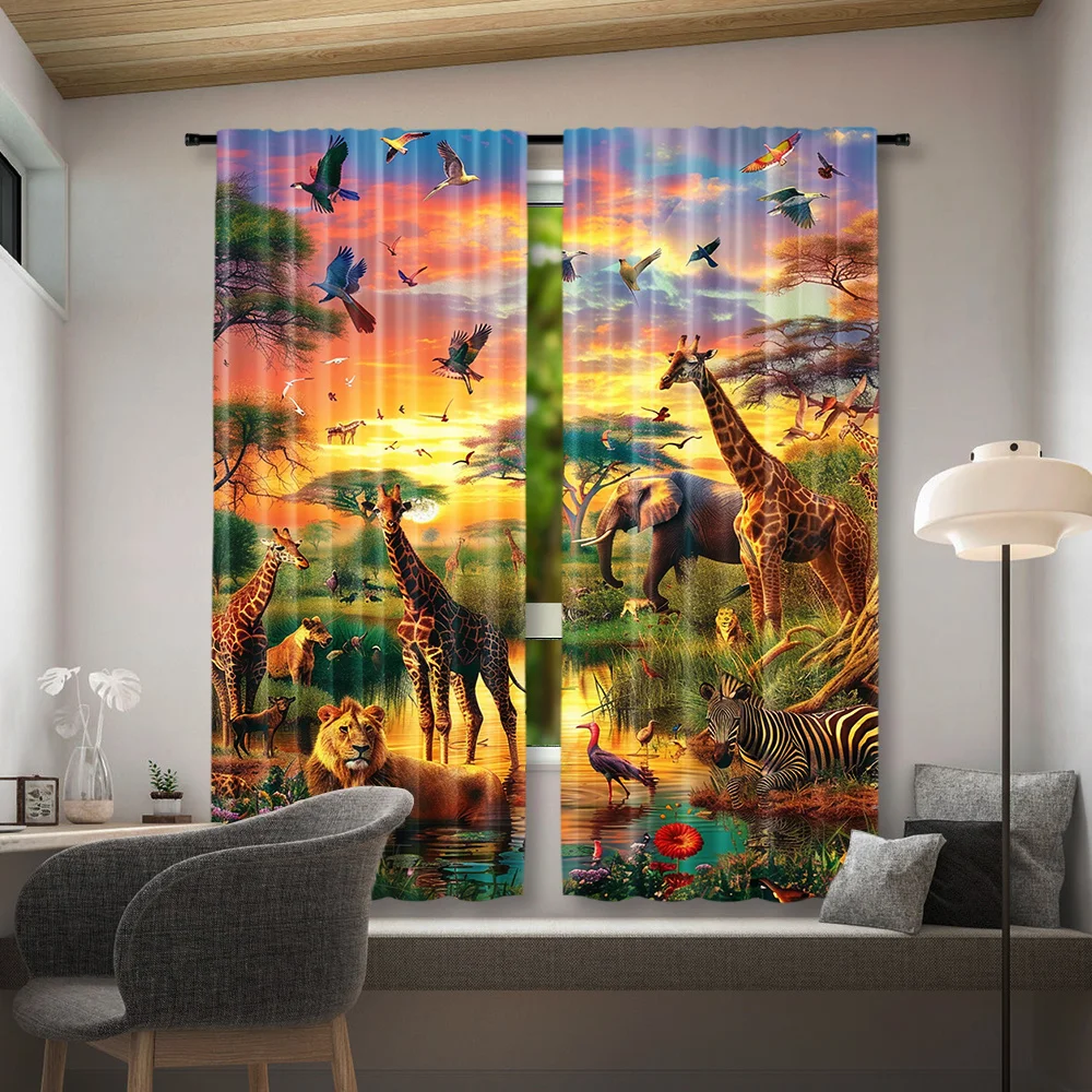Vibrant Safari Wildlife Curtain Set Jungle Animals Lion Giraffe Sunset Tropical Paradise Home Decor Window Drapes