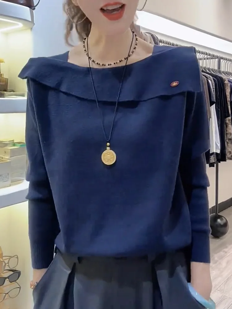 Ele - Suéter de punto de un solo hombro, novedad de otoño, talla grande, versátil, adelgazante, antiedad, sensación de alta gama, cómodo y cálido.