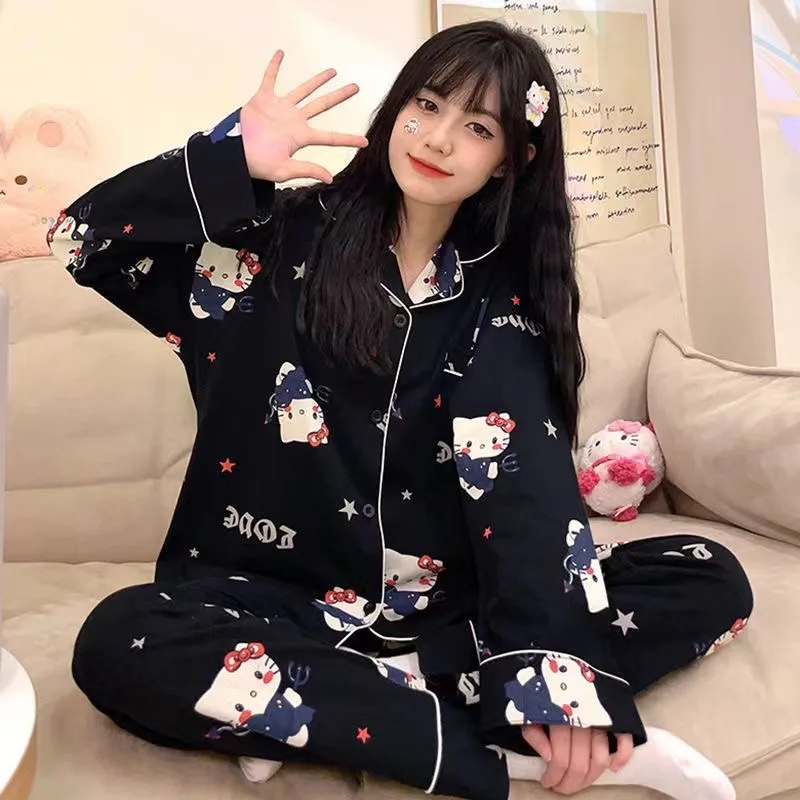 

Женская одежда для сна Hello Kitty, осенняя новая коллекция, японский мультфильм, милый принт Куроми, свободный кардиган с длинными рукавами, домашний костюм, комплект