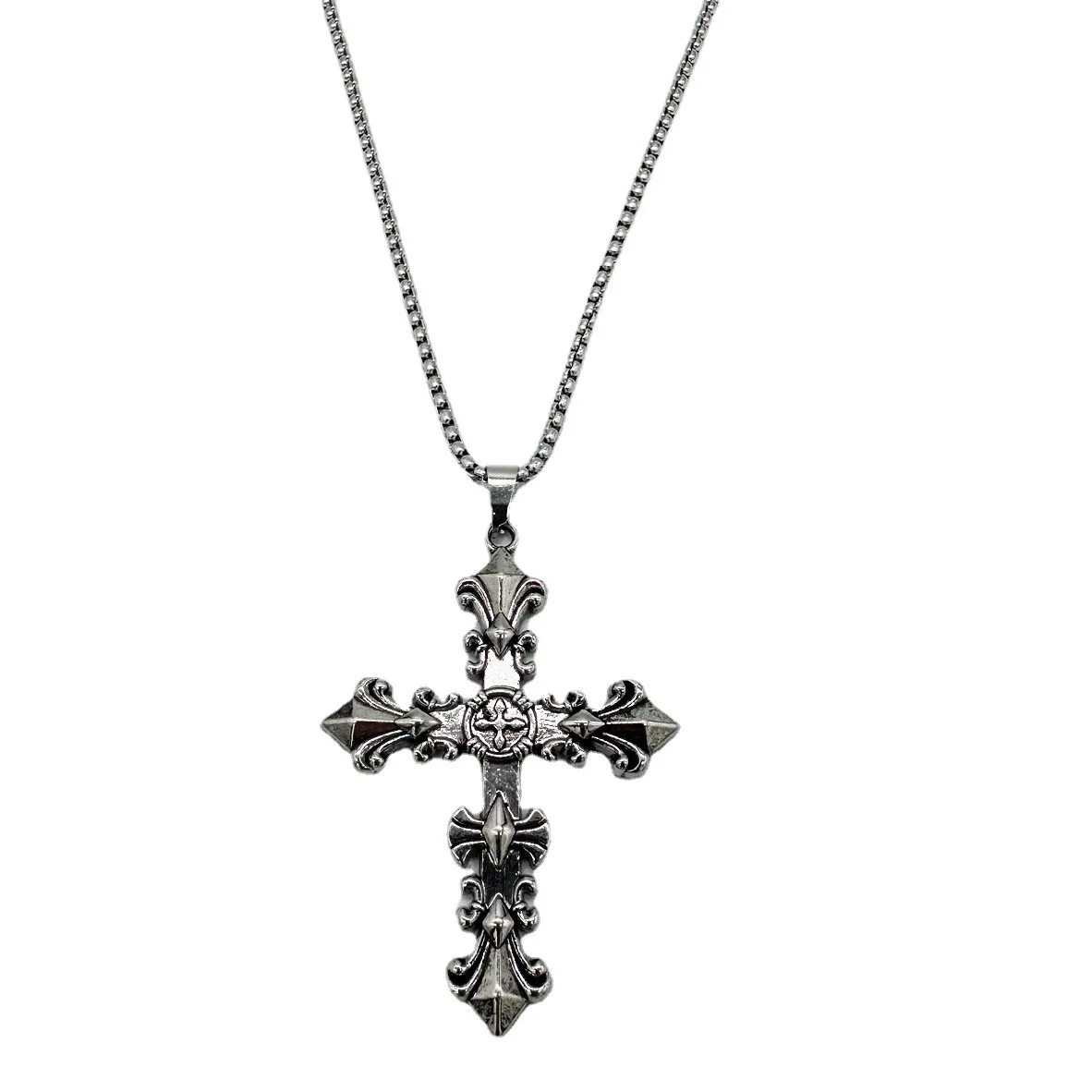 Hip-Hop Trendy Brand for Men Women Necklace Flame Cross Simple Pendant Retro Accessories Sweater Chain Jewelry Gift