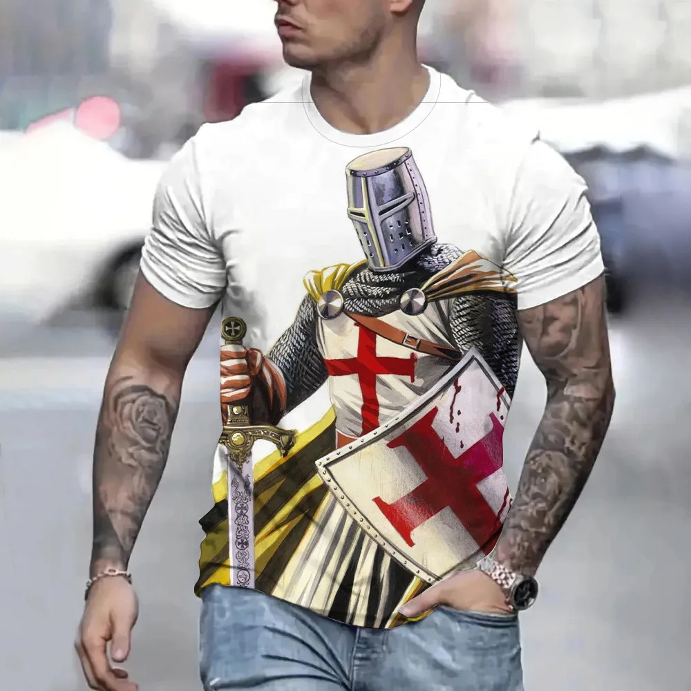 

Футболка мужская с рисунком рыцарей и темпларов, повседневная тенниска с 3D-принтом, майка с коротким рукавом, уличная одежда