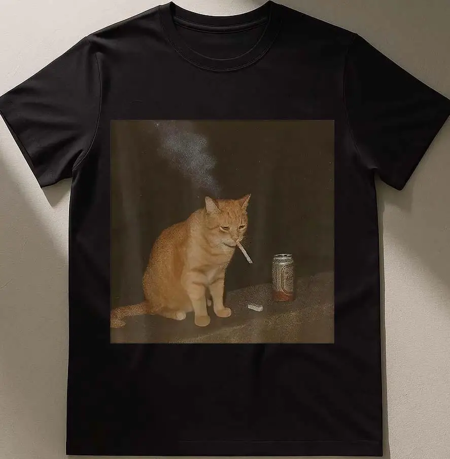 

Smoking Cat Graphic Print Summer Luxury Brand Pure Cotton Men's and Women's T-shirt Short Sleeve Street Fashion Trend Clothing