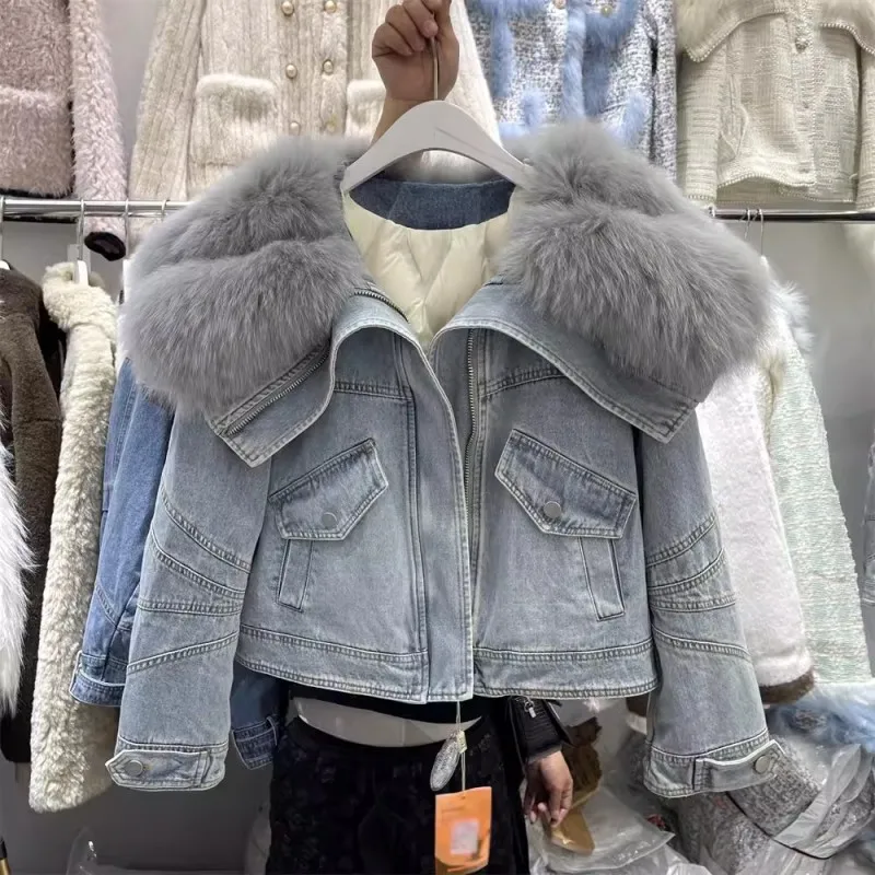 ジャケット・アウター 00s archive short length fur denimjacket Women Fashion Fox Fur Big Turn-Down Collar Zipper Denim Jacket