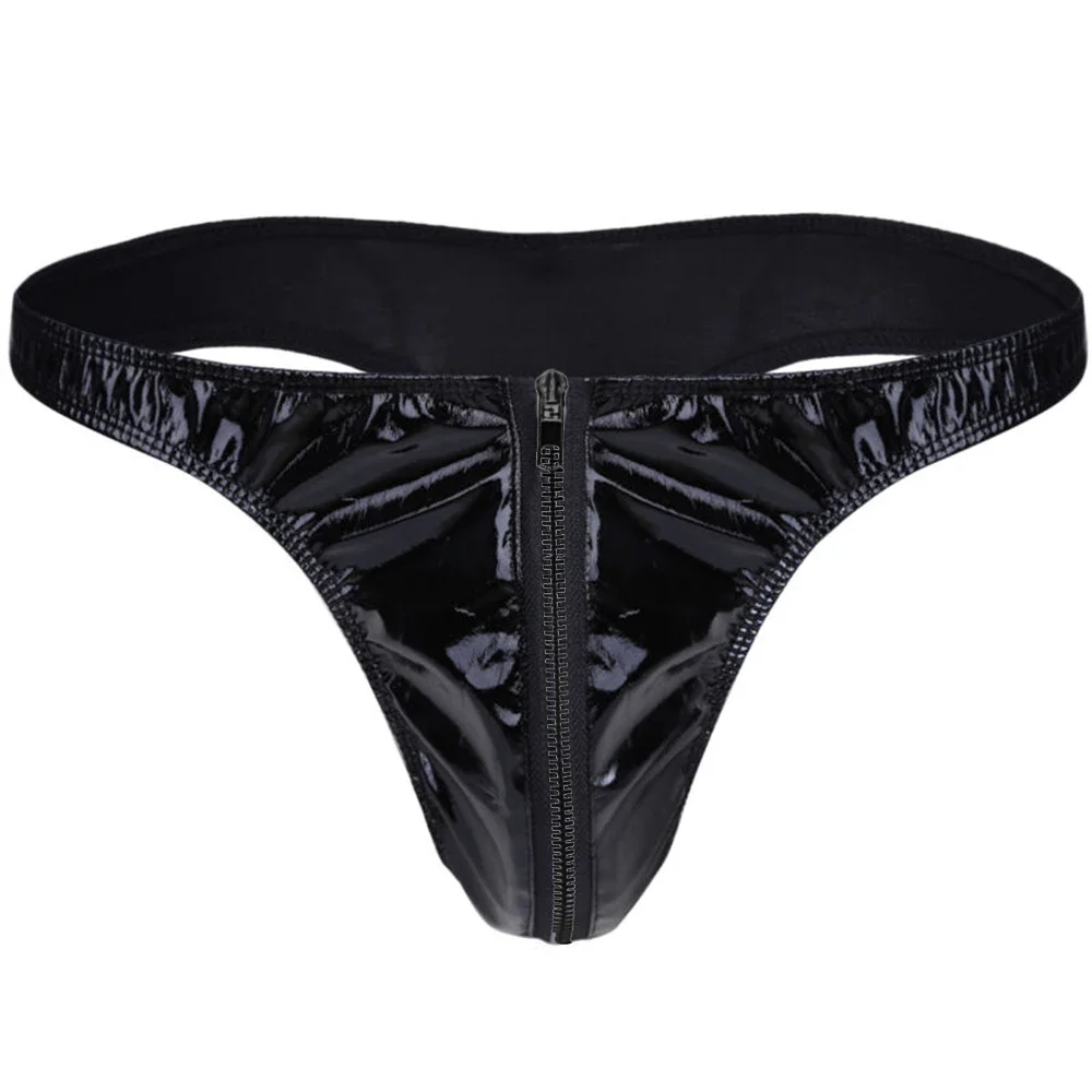 Mens Low Waisted Faux Leather Lingerie Wet Look Leather Invisible Zippered Pouch Briefs Bikini Thong Underwear Men\'s Thong