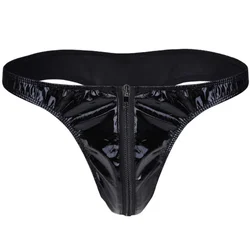 Mens Low Waisted Faux Leather Lingerie Wet Look Leather Invisible Zippered Pouch Briefs Bikini Thong Underwear Men's Thong