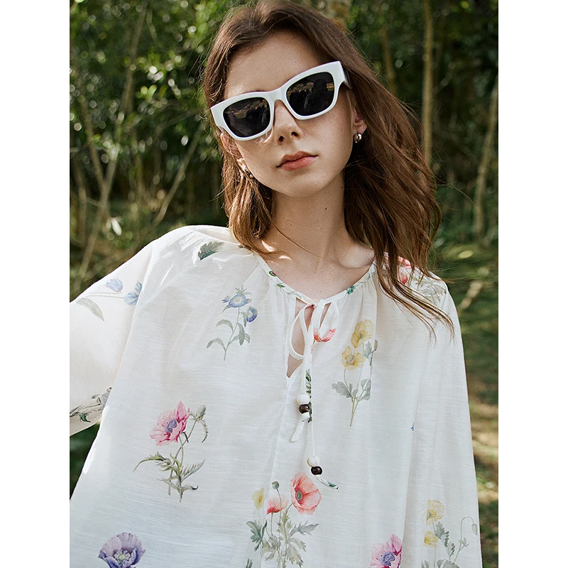 TOYOUTH Women Blouse Shirt 2025 Spring New Linen Floral Printed Velvet Casual Pullover Tops