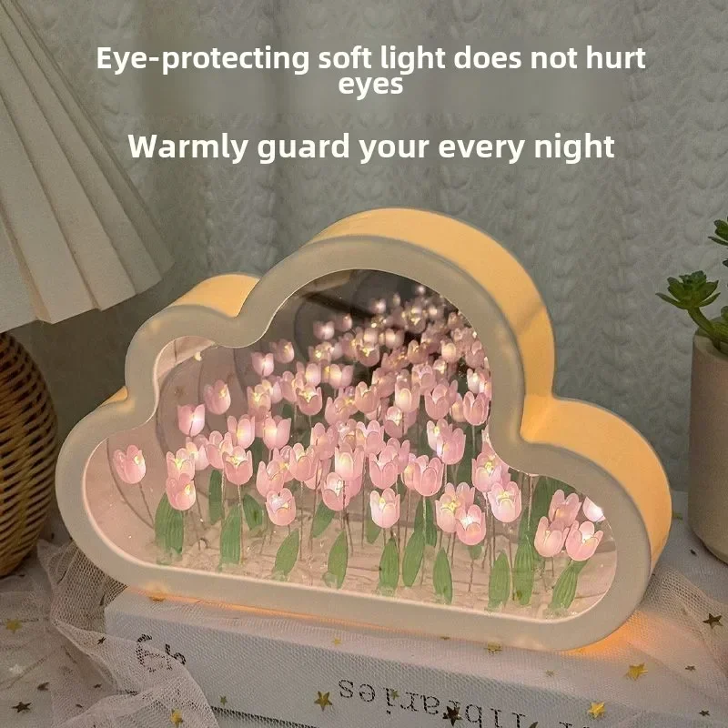 Lampu cermin Tulip dekorasi Desktop, 2 In DIY bentuk awan bunga simulasi kamar tidur lampu meja tidur kerajinan tangan