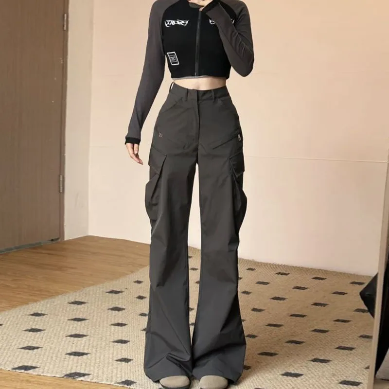 Summer Vintage Big Pocket Cargo Pants Women American Streetwear High Waist Wide Leg Trousers Harajuku Fashion Loose Flare Pants