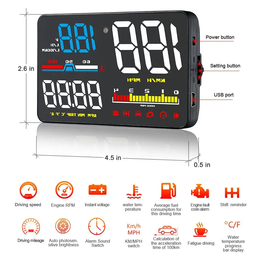 Head Up Display D5000 OBD2 HUD velocímetro Digital, medidor de Projetor de parabrisas, herramienta de diagnóstico, alarma de exceso de velocidad,