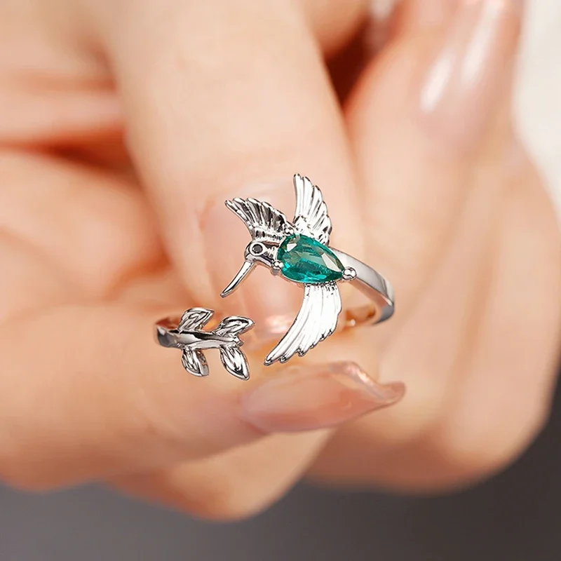 Huitan Wunderschöner, schöner Vogel-Öffnungsring für Frauen, kreatives, zartes Finger-Zubehör mit grünem CZ, trendiger, ausgefallener Party-Schmuck
