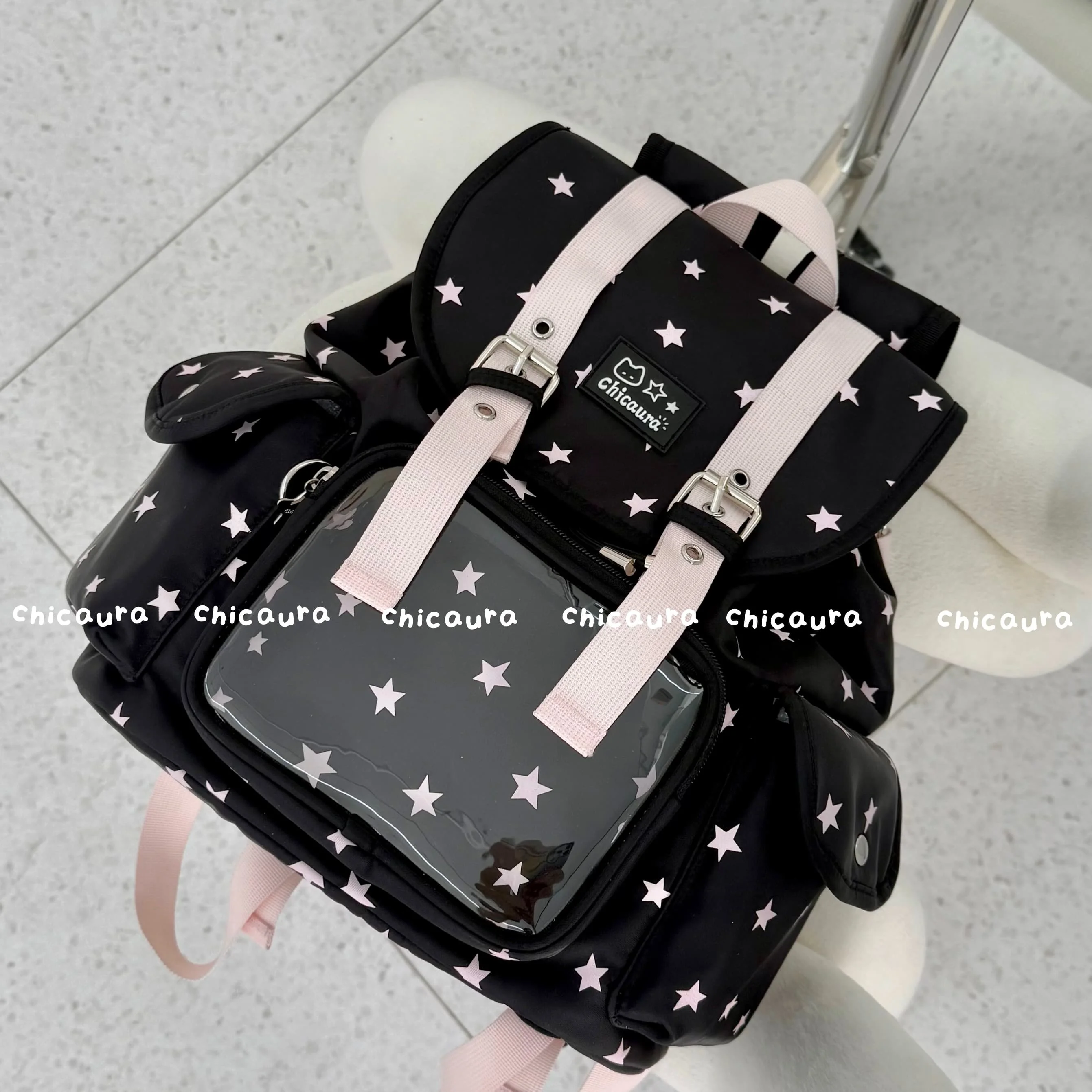 Japanese Original Ins Large-capacity Transparent Pain Bag Cute Girl Star Chain Drawstring Baby Bag Academy Style Backpack