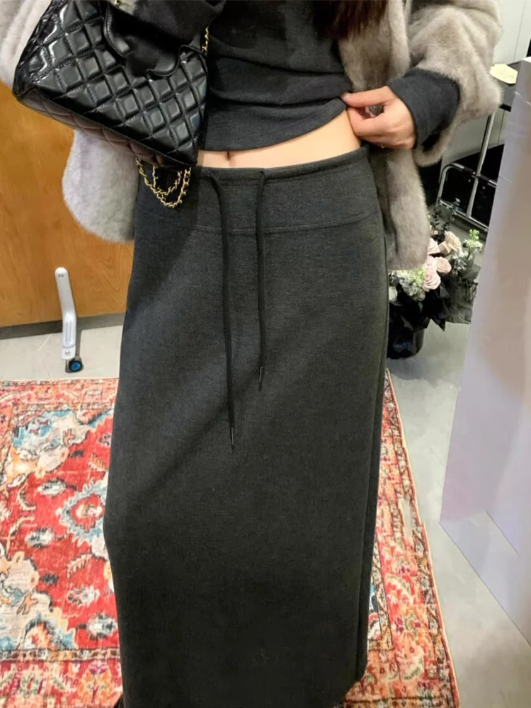 

ay Knitted Straight Cut Midi Skirt Women's Faion Simple Dstring Long Dr Slimming High Waist Commute Sle Autumn Wi...