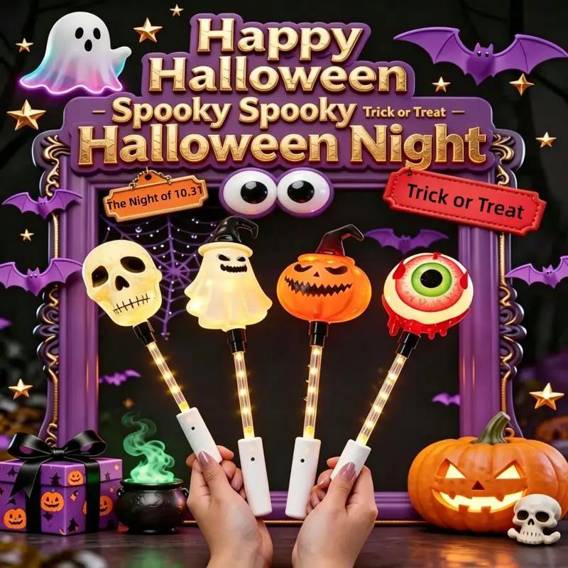 Halloween LED Light Stick Kids Handheld Pumpkin Glow Wand Party Atmosphere Decorative Lamp Trick or Treat Holiday Light Up Toy