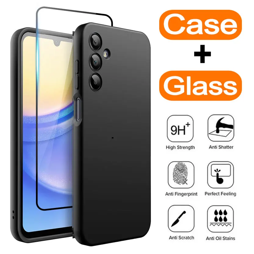 For Samsung Galaxy A31 A51 4G A22 A32 A52 A11 A13 A23 A53 A33 Black Silicone Soft Case Phone Cover With Screen Protector Glass