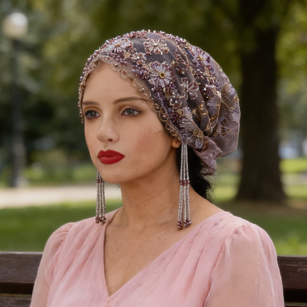 高級タッセル付きムスリムヒジャブ、ビーズ付きターバン、刺繍レースハット、メッシュダイヤモンド、女性用ボンネット、ビーニー、ヘッドスカーフ、ヘッドウェア、ターバンテ・ムヘール