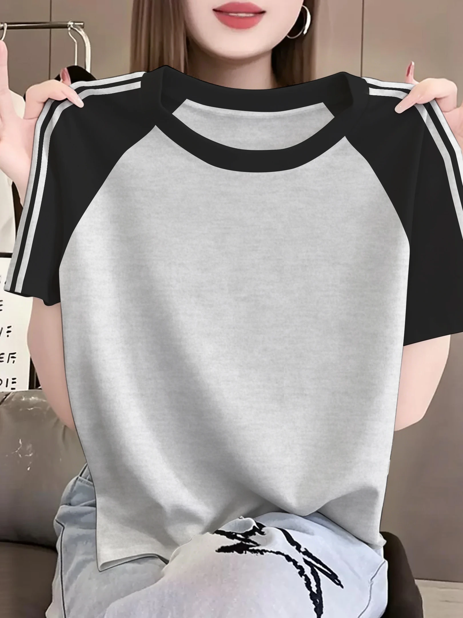 Loose Fit Pure Cotton American Sportswear Casual Brand Women's Summer Striped Grey T-Shirt Top round Neck Short Sleeve