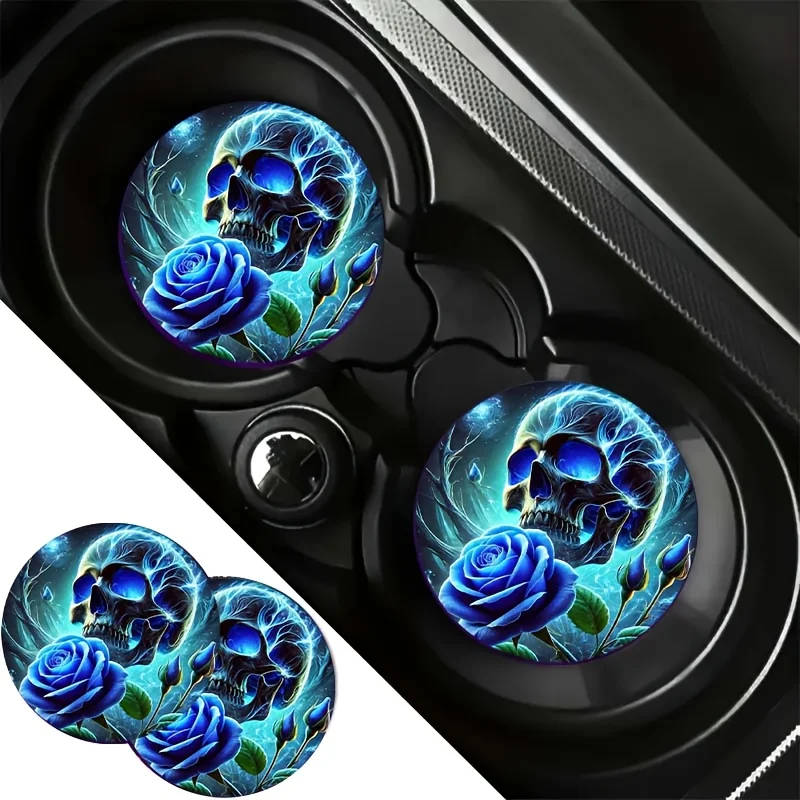 A Gift Suitable For All Four Seasons. 2 Beautiful Skull Car Cup Holder Coasters - Waterproof, Easy To Carry