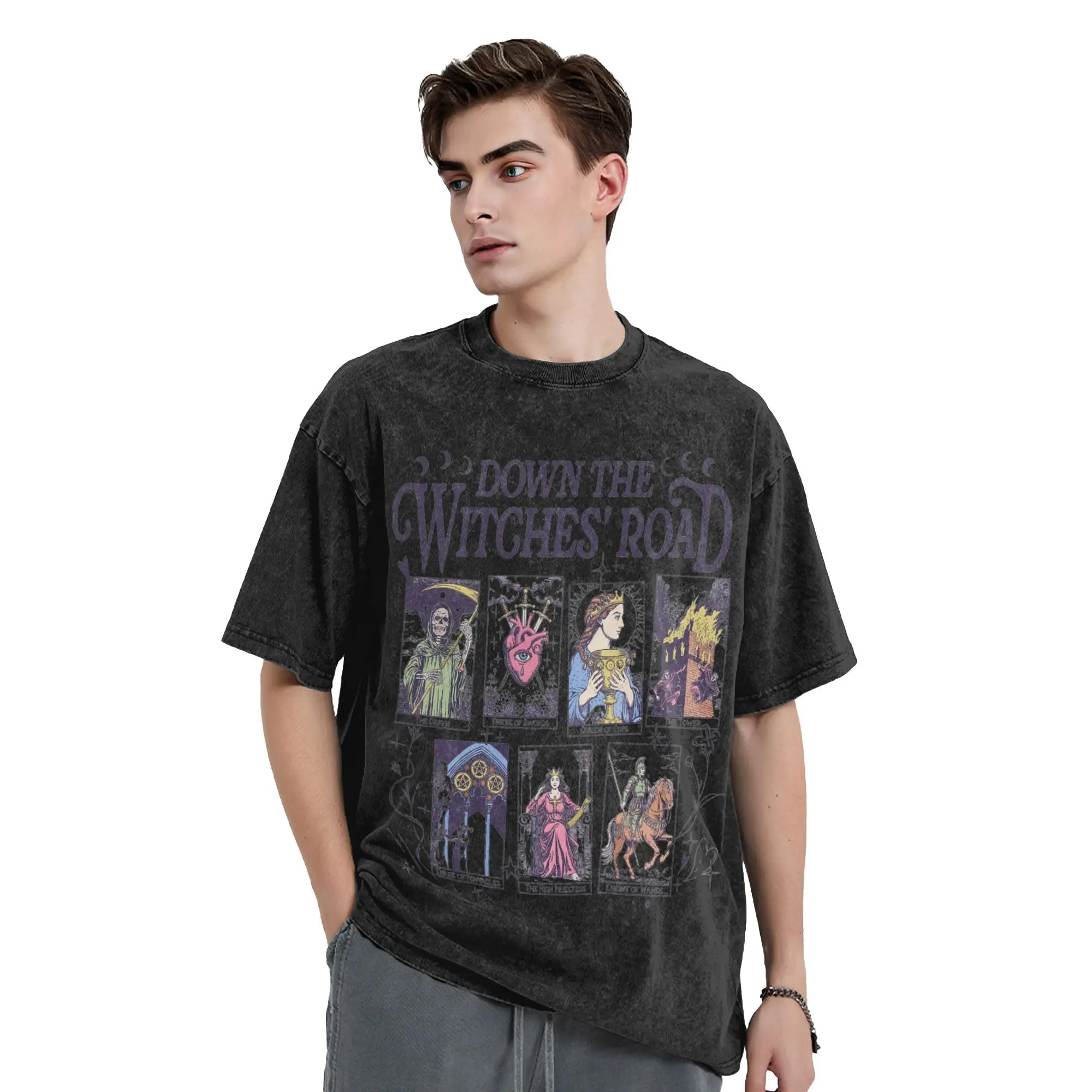 

Промытые футболки Агата All Along Down The Witches Road Tarot Винтажные футболки с короткими рукавами и графическим рисунком Футболки для мужчин и женщин