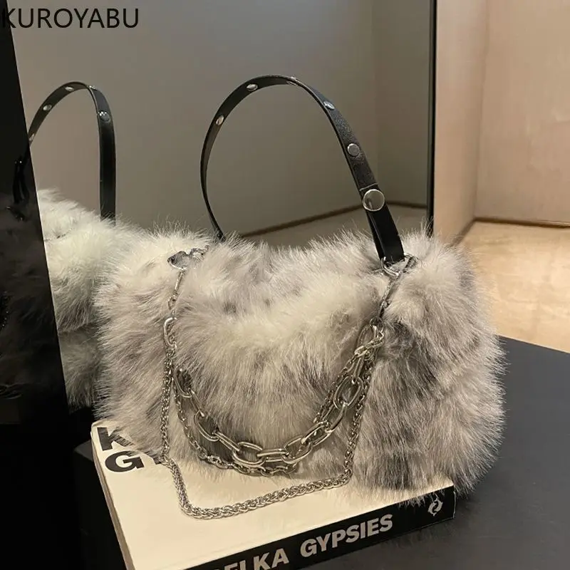 Luxury Y2k Women Shoulder Underarm Bags Fashion Chains Faux Fur Ladies Furry Crossbody Bag Soft Plush Female Handbags Tote Purse