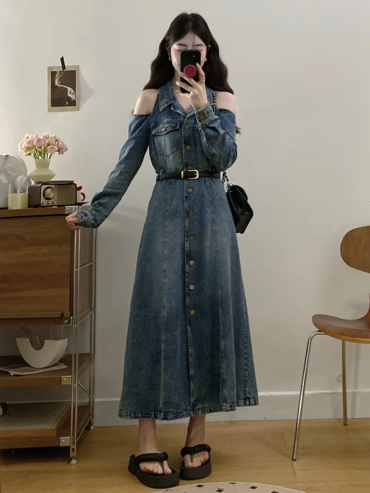 Blue Vintage Off-Shoulder Denim Dress Women Spring Autumn plus Size Beautiful Unique Long Skirt High Waist Button Detail