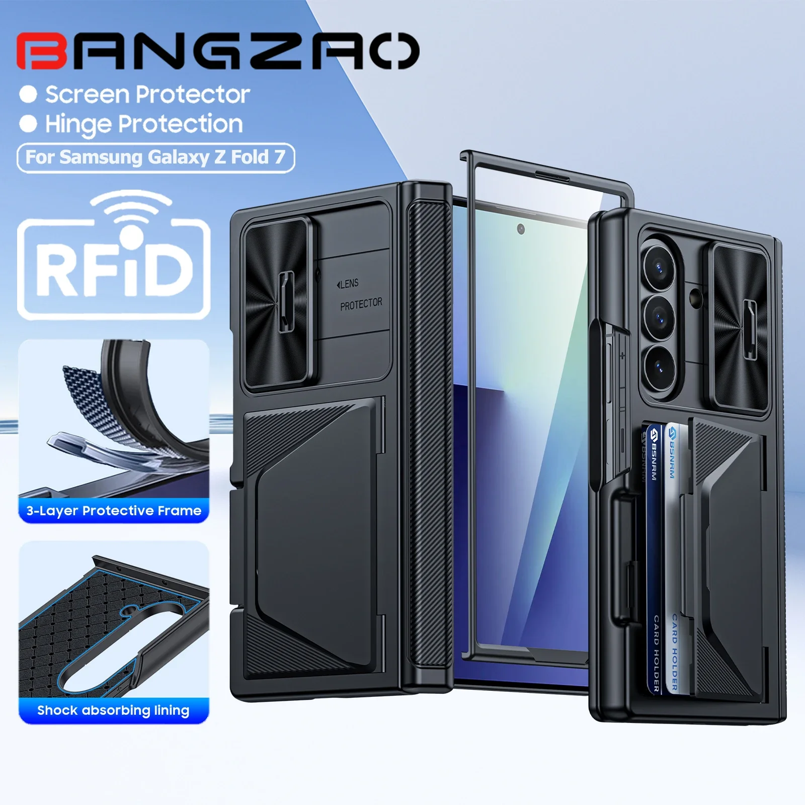 

Чехол для Galaxy Z Fold 7, RFID-кошелек с держателем для карт, защита вала, крышка камеры, противоударный силиконовый защитный чехол-черный