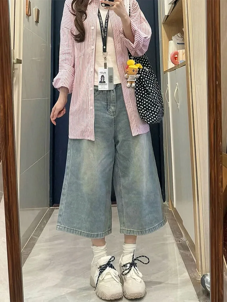 

Women's Loose Wide Leg Jeans Light Blue Denim Shorts Casual High Waist Cotton Blend Summer Thin New Style Comfortable plus Size