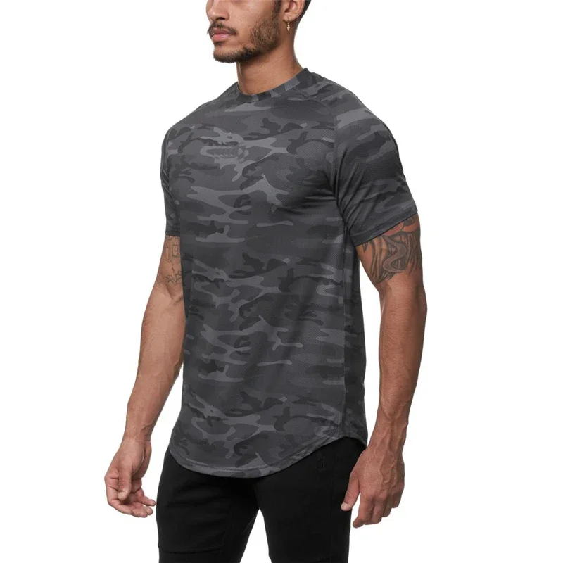 Camouflage Quick Dry Mesh Breathable Shirts Mens Fitness Sports Short Sleeve T-shirts Gym Workout Bodybuilding Muscle Clothing