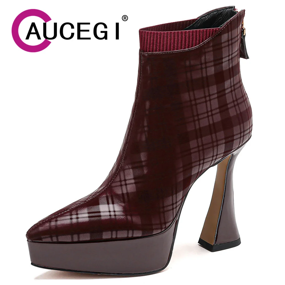 

Aucegi Women Checkered Genuine Leather Pointed Toe Ankle Boots Black Wine Red Chunky Heel Platform Back Zipper Party Shoes