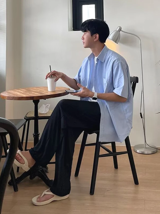 

American Sle Light Blue Men's irt Cool Thin No Ironing Loose ort Sve ket Workwear irt Busin Commuting Trendy