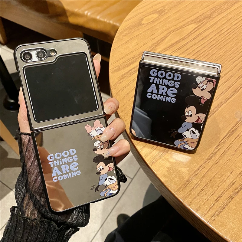 Anime Disney Mirror Surface Family Donald Duck Mickey Mouse Korean Style For Samsung Galaxy Z Flip 3 4 5 6 Cover Phone Case Gift