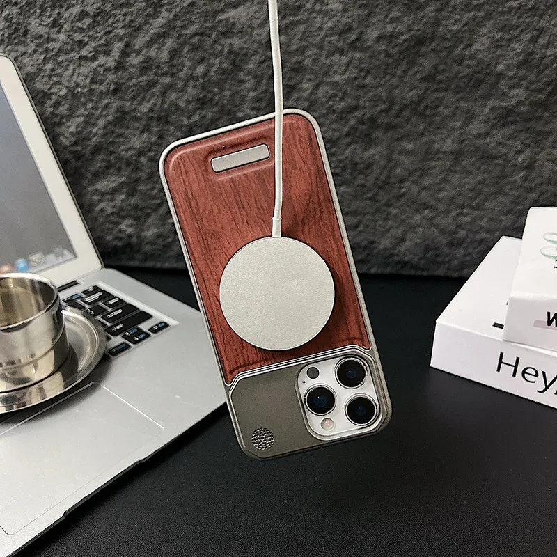 MagSafe対応 フレームレスメタルケース iPhone 17 Pro Max 16 15 14 Plus 13 12用 木目調レザーケース 耐衝撃バンパー