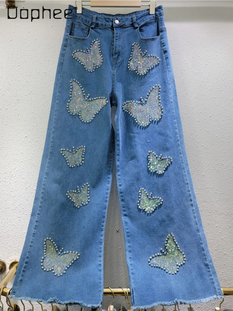 

2025 New Casual Hot Diamond Beads Butterfly High Waist Elastic Jeans Women's Wide Leg Floor Pants Spring Autumn Baggy Jeans